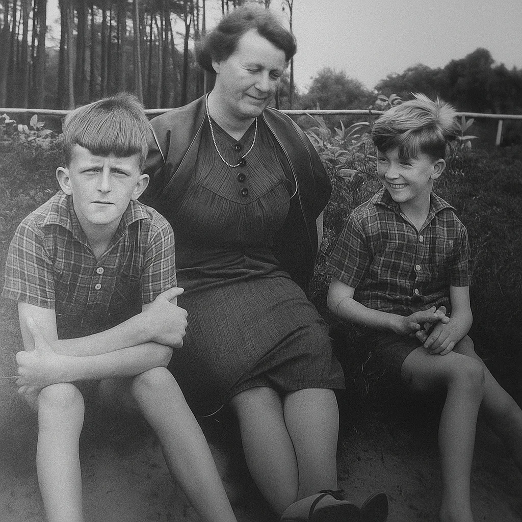 Zuster Van Giessel met links en rechts de broers Bob en Jaap Boer